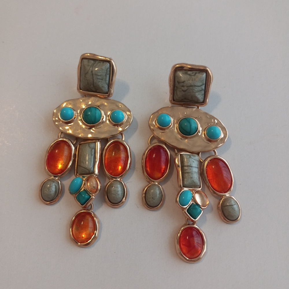 Chic Gold Dangle Earrings with Turquoise and Red Accents
